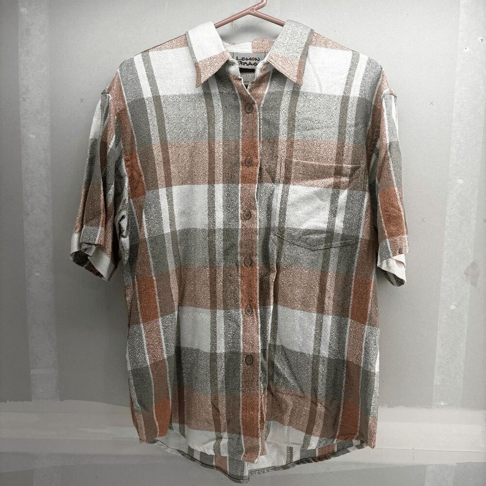 Vintage Lemon Grass Geometric Textured Camp Shirt Mens M Plaid Peach Green Cream